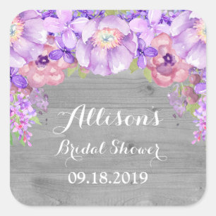 Rustic Wood Lila Floral Brautparty Gevor Tag Quadratischer Aufkleber