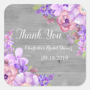 Rustic Wood Lila Floral Brautparty Gevor Tag Quadratischer Aufkleber