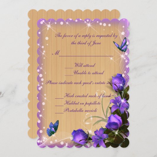 Rustic Wood Lila Floral Butterfly Response Card Einladung (Vorne/Hinten)