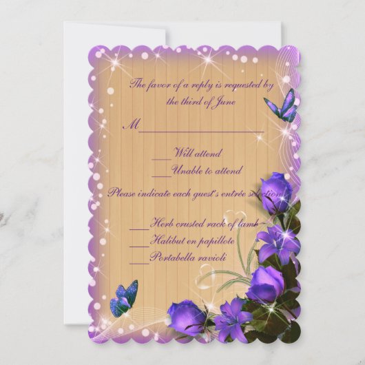 Rustic Wood Lila Floral Butterfly Response Card Einladung (Vorderseite)