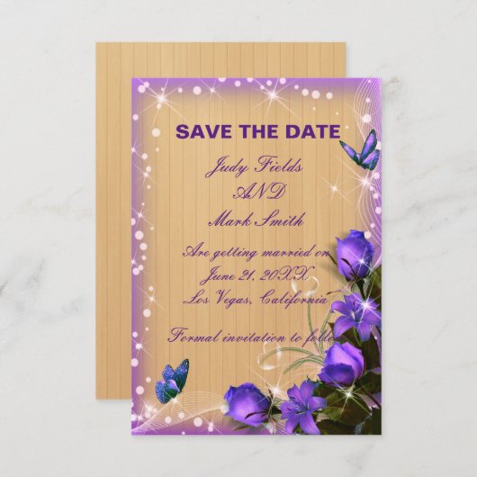 Rustic Wood Lila Floral Save the Date Karte (Vorne/Hinten)