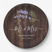Rustic Wood Lila Lavender Mr. and Mrs. Wedding Pappteller (Vorderseite)