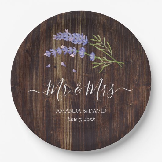 Rustic Wood Lila Lavender Mr. and Mrs. Wedding Pappteller (Vorderseite)