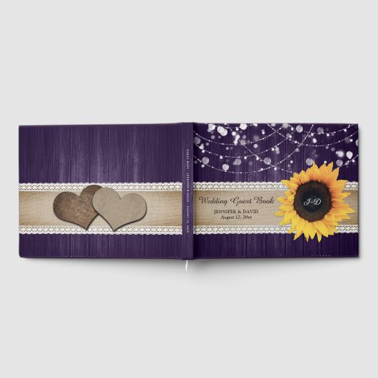 Rustic Wood Lila Sunflower Wedbook Gästebuch (Voll)