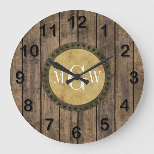 Rustic Wood look Planks #1 Steampunk 3 Monogramm Große Wanduhr (Vorderseite)