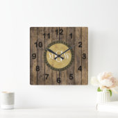 Rustic Wood look Planks #1 Steampunk 3 Monogramm Quadratische Wanduhr (Zuhause)