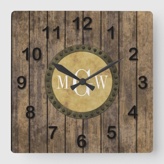 Rustic Wood look Planks #1 Steampunk 3 Monogramm Quadratische Wanduhr (Vorderseite)
