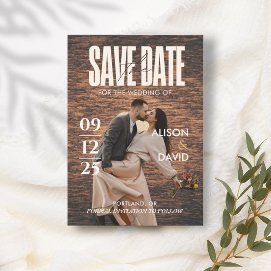Rustic Wood Magazine Foto Save the Date Hochzeit Einladung