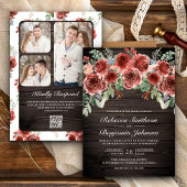 Rustic Wood Marsala Floral Foto QR Code Hochzeit Einladung