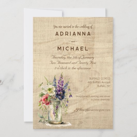 Rustic Wood Mason Jar Floral Wedding Einladung (Vorderseite)