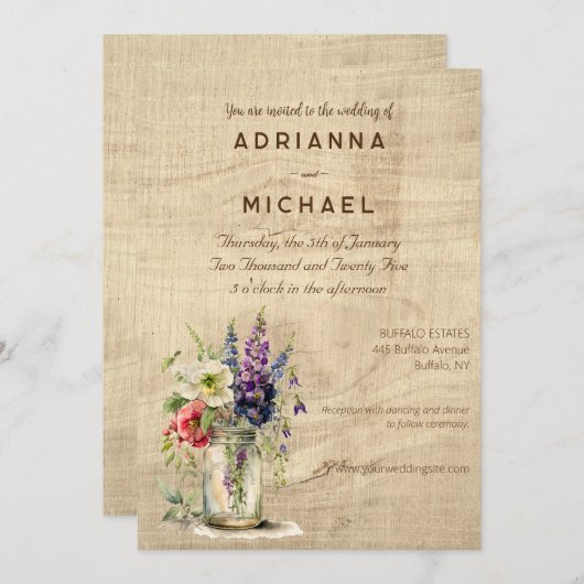 Rustic Wood Mason Jar Floral Wedding Einladung (Vorne/Hinten)