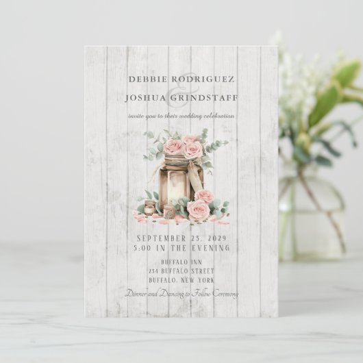 Rustic Wood Mason Jar Floral Wedding Invitation Einladung (Stehend Vorderseite)