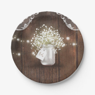 Rustic Wood Mason Jar Gipskraut Barn Wedding Pappteller
