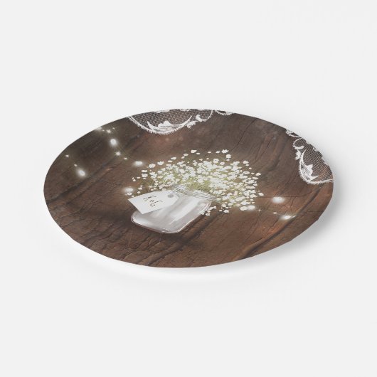 Rustic Wood Mason Jar Gipskraut Barn Wedding Pappteller (Schrägansicht)