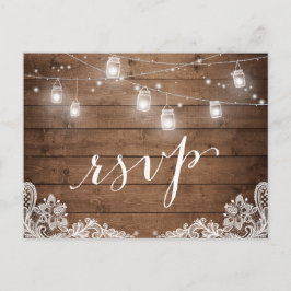 Rustic Wood Mason Jar Lights Lace Wedding RSVP Einladungspostkarte
