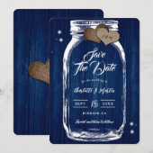Rustic Wood Mason Jar Navy Blue Wedding Save The Date (Vorne/Hinten)