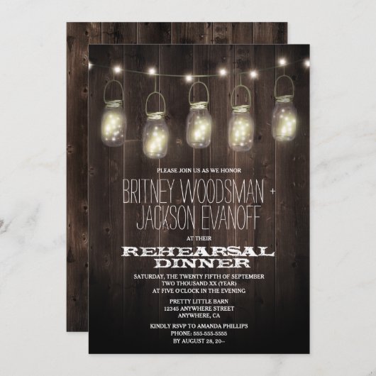 Rustic Wood Mason Jar Probe Dinner Einladungen (Vorne/Hinten)