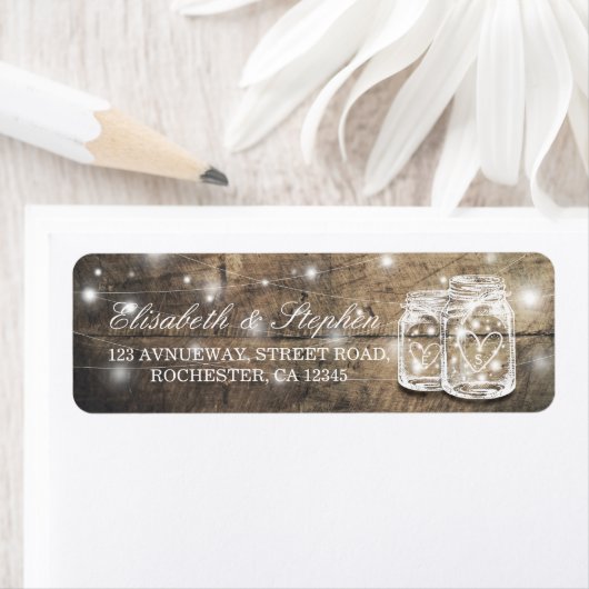 Rustic Wood Mason Jar String Light Wedding Address (Insitu)
