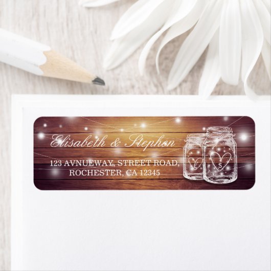 Rustic Wood Mason Jar String Light Wedding Address (Insitu)