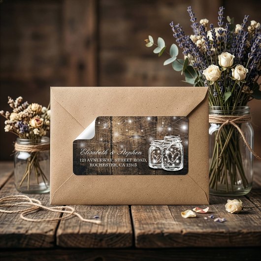 Rustic Wood Mason Jar String Light Wedding Address Adressaufkleber