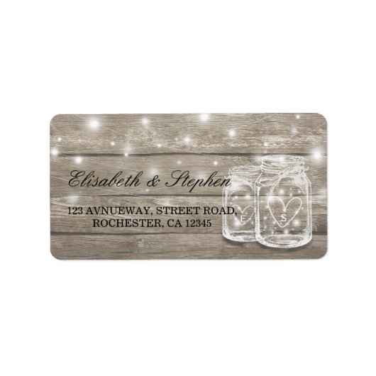 Rustic Wood Mason Jar String Light Wedding Address Adressaufkleber (Vorne)
