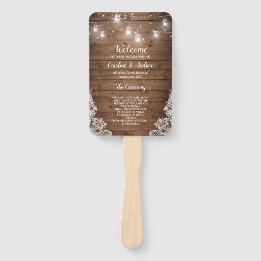Rustic Wood Mason Jar String Light Wedding Program Fächer (Vorderseite)
