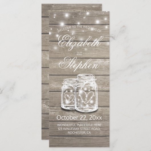 Rustic Wood Mason Jar String Light Wedding Program Programm (Vorne/Hinten)