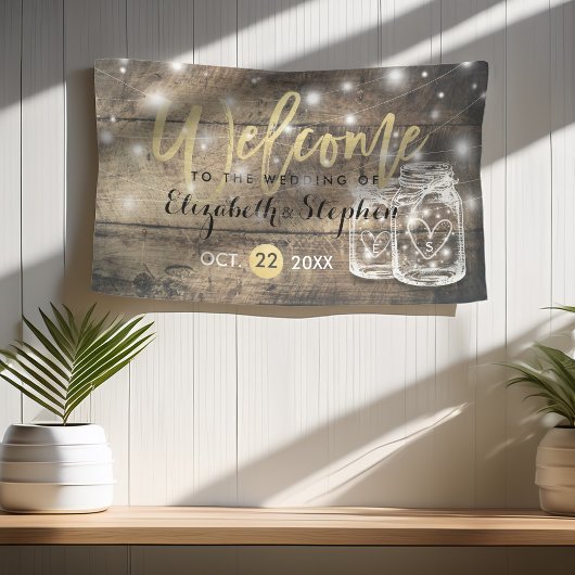 Rustic Wood Mason Jar String Light Wedding Willkom Banner