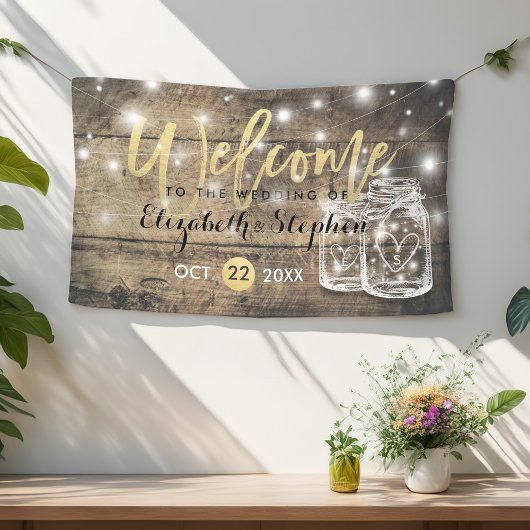 Rustic Wood Mason Jar String Light Wedding Willkom Banner