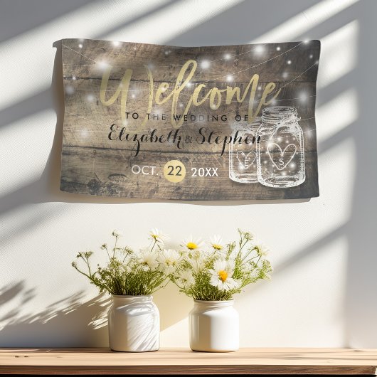 Rustic Wood Mason Jar String Light Wedding Willkom Banner
