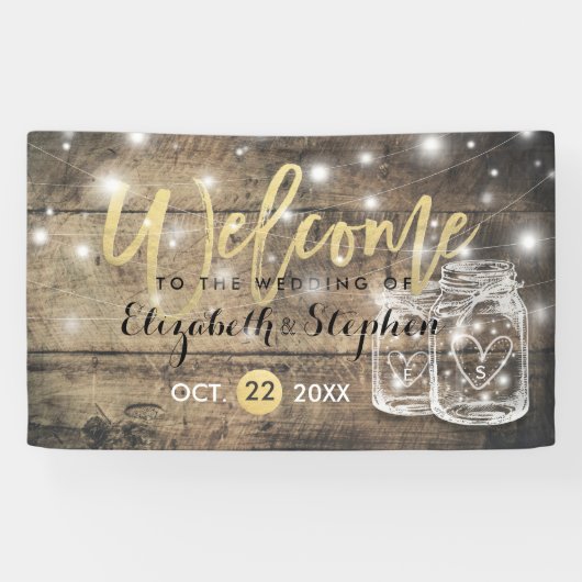 Rustic Wood Mason Jar String Light Wedding Willkom Banner (Horizontal)