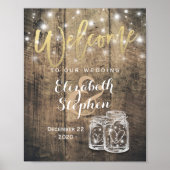 Rustic Wood Mason Jar String Light Wedding Willkom Poster (Vorne)