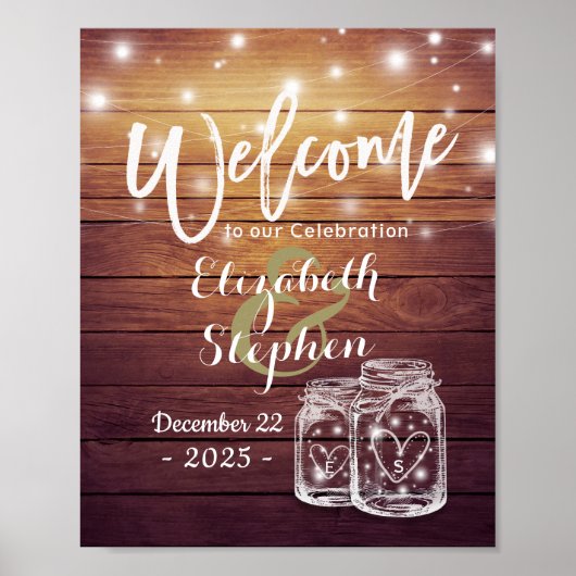 Rustic Wood Mason Jar String Light Wedding Willkom Poster (Vorne)