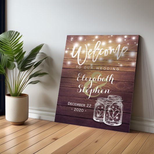 Rustic Wood Mason Jar String Light Wedding Willkom Poster