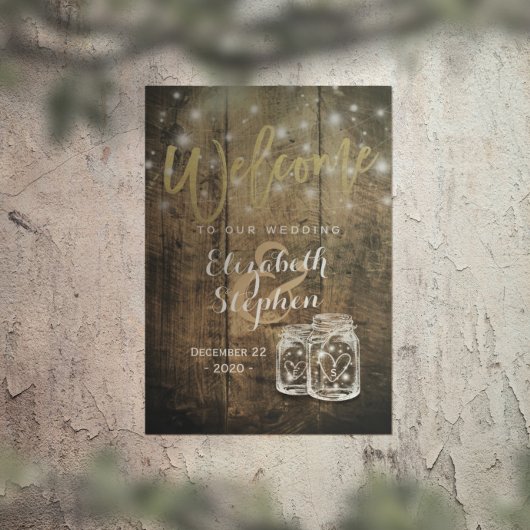 Rustic Wood Mason Jar String Light Wedding Willkom Poster