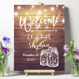 Rustic Wood Mason Jar String Light Wedding Willkom Poster
