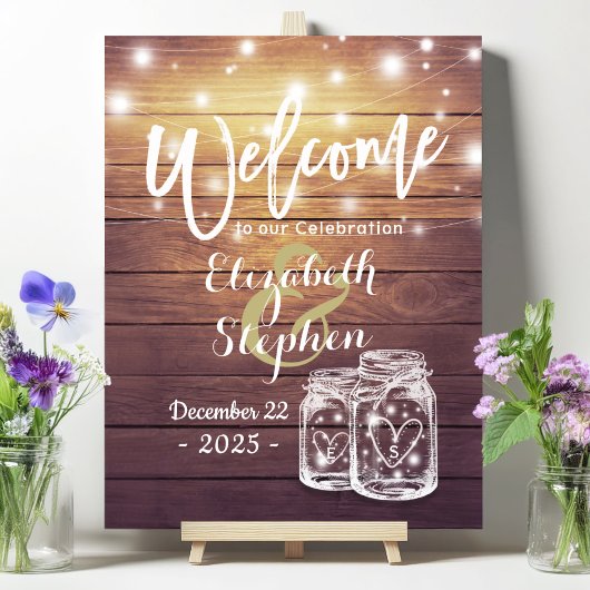 Rustic Wood Mason Jar String Light Wedding Willkom Poster