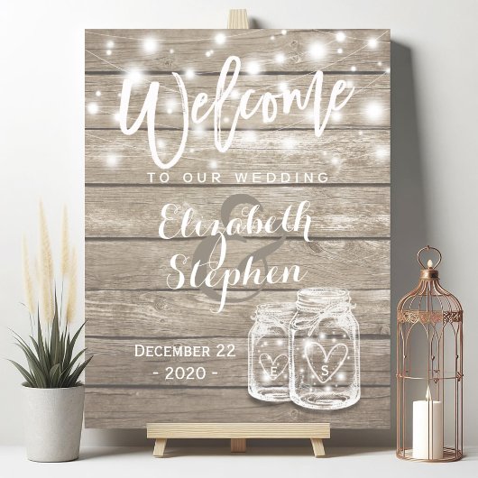 Rustic Wood Mason Jar String Light Wedding Willkom Poster