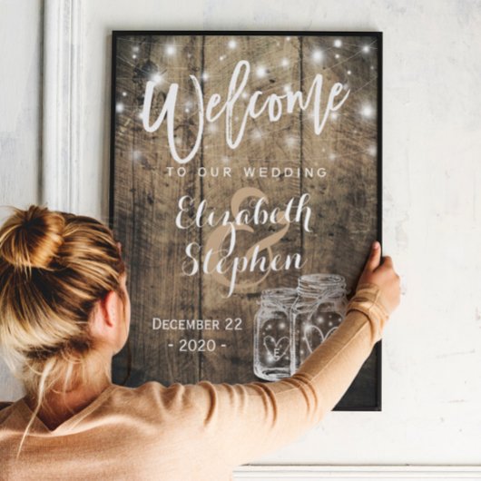 Rustic Wood Mason Jar String Light Wedding Willkom Poster