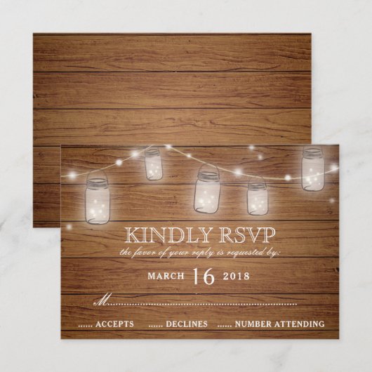 Rustic Wood Mason Jar String Lights Wedding RSVP Karte (Vorne/Hinten)