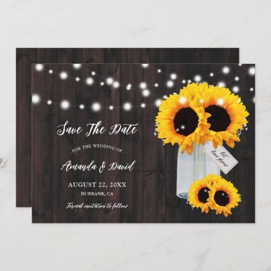 Rustic Wood Mason Jar Sunflower Save the Date Card (Vorne/Hinten)