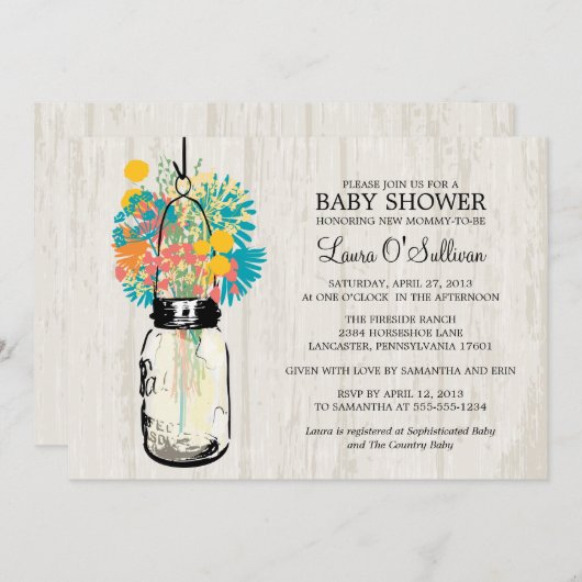 Rustic Wood Mason Jar Wildblumen Kinderdusche Einladung (Vorne/Hinten)