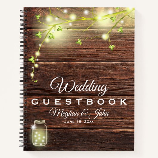 Rustic Wood Mason String Lights Wedding Gästebuch Notizblock (Vorderseite)