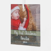 Rustic Wood Mein erstes Weihnachtsjungbaby Foto Ornament Aus Glas (Vorderseite links)