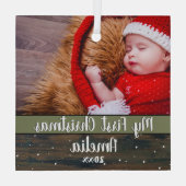 Rustic Wood Mein erstes Weihnachtsjungbaby Foto Ornament Aus Glas (Rückseite)