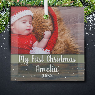 Rustic Wood Mein erstes Weihnachtsjungbaby Foto Ornament Aus Glas