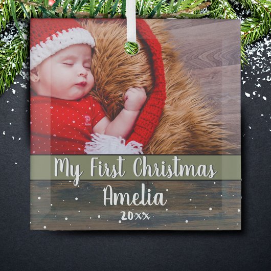 Rustic Wood Mein erstes Weihnachtsjungbaby Foto Ornament Aus Glas