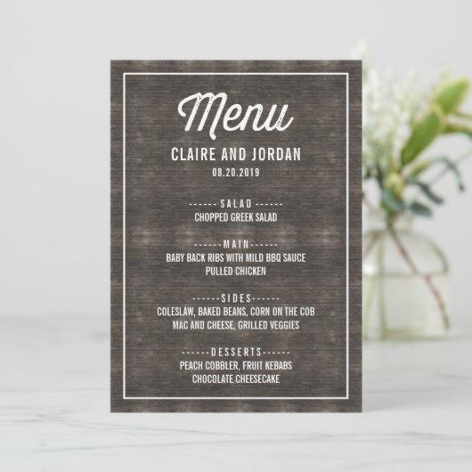 Rustic Wood Menu Card RWC Einladung (Stehend Vorderseite)