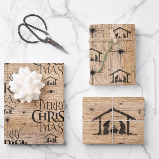 Rustic Wood Merry CHRIST Weihnachten Krippe Christ Geschenkpapier Set (Vorderseite)