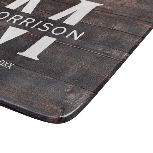 Rustic Wood Monogram Familienname Vintag Schneidebrett (Ecke)